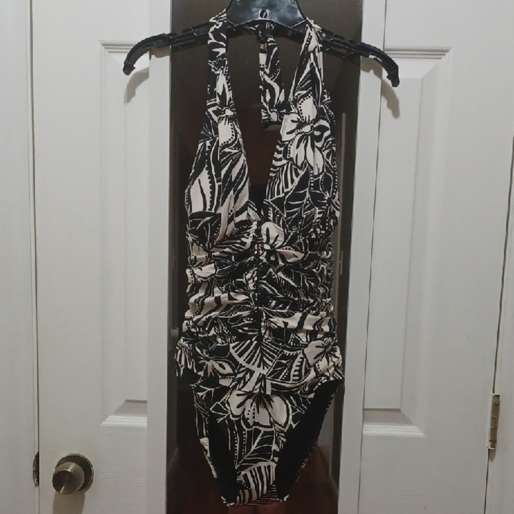 Bleu Rod Beattie Black and White Floral One Piece Swimsuit